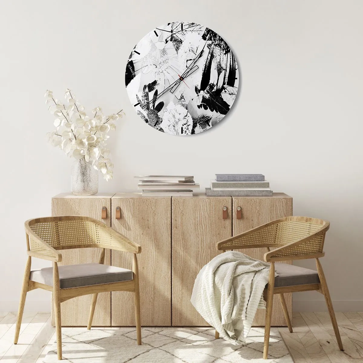 Wanduhr - Glasuhr - Schwarz-weißes Blumen- und Blattmuster im künstlerischen Stil - 30x30cm - Herbst negativ - Moderne Wanddekoration für Wohnzimmer, Küche und Schlafzimmer ARTTOR