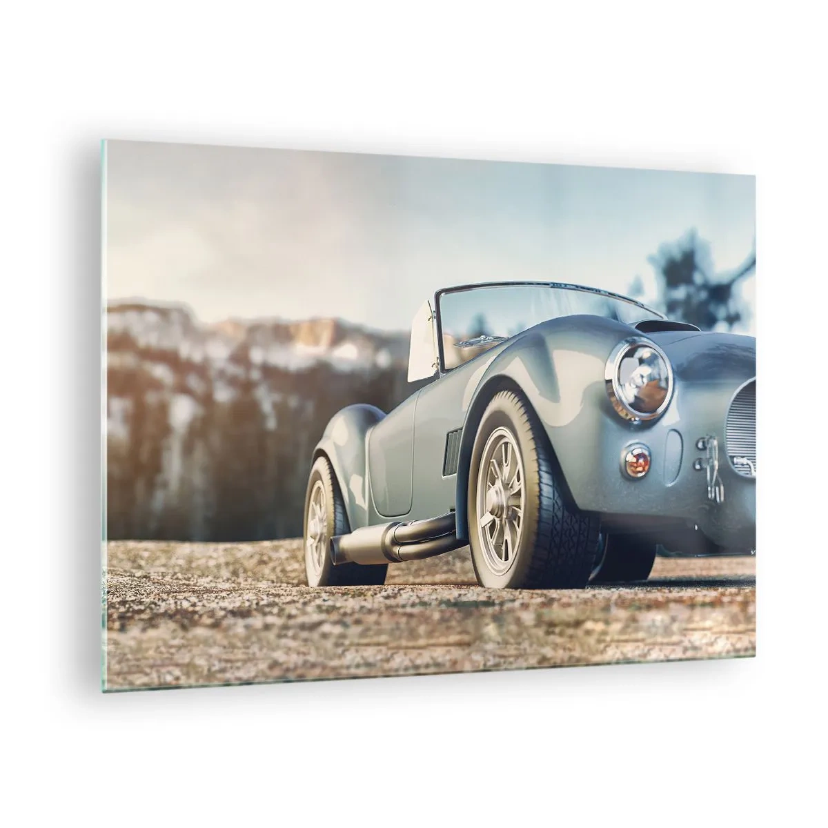 Glasbild - Bild auf glas - Ein Sportwagen mit Bergen im Hintergrund - 70x50cm - Denn Stil zählt - Moderne Wanddekoration für Wohnzimmer und Schlafzimmer ARTTOR