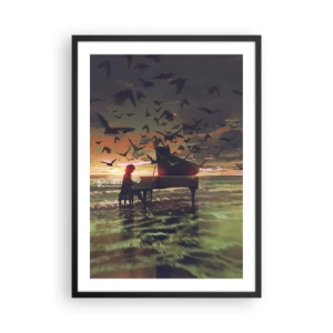 Poster in einem schwarzem Rahmen - Silhouette eines Pianisten vor dem Hintergrund eines Sonnenuntergangs - 50x70cm - Konzert für Klavier und Wellen - Moderne Wanddekoration für Wohnzimmer und Schlafzimmer ARTTOR