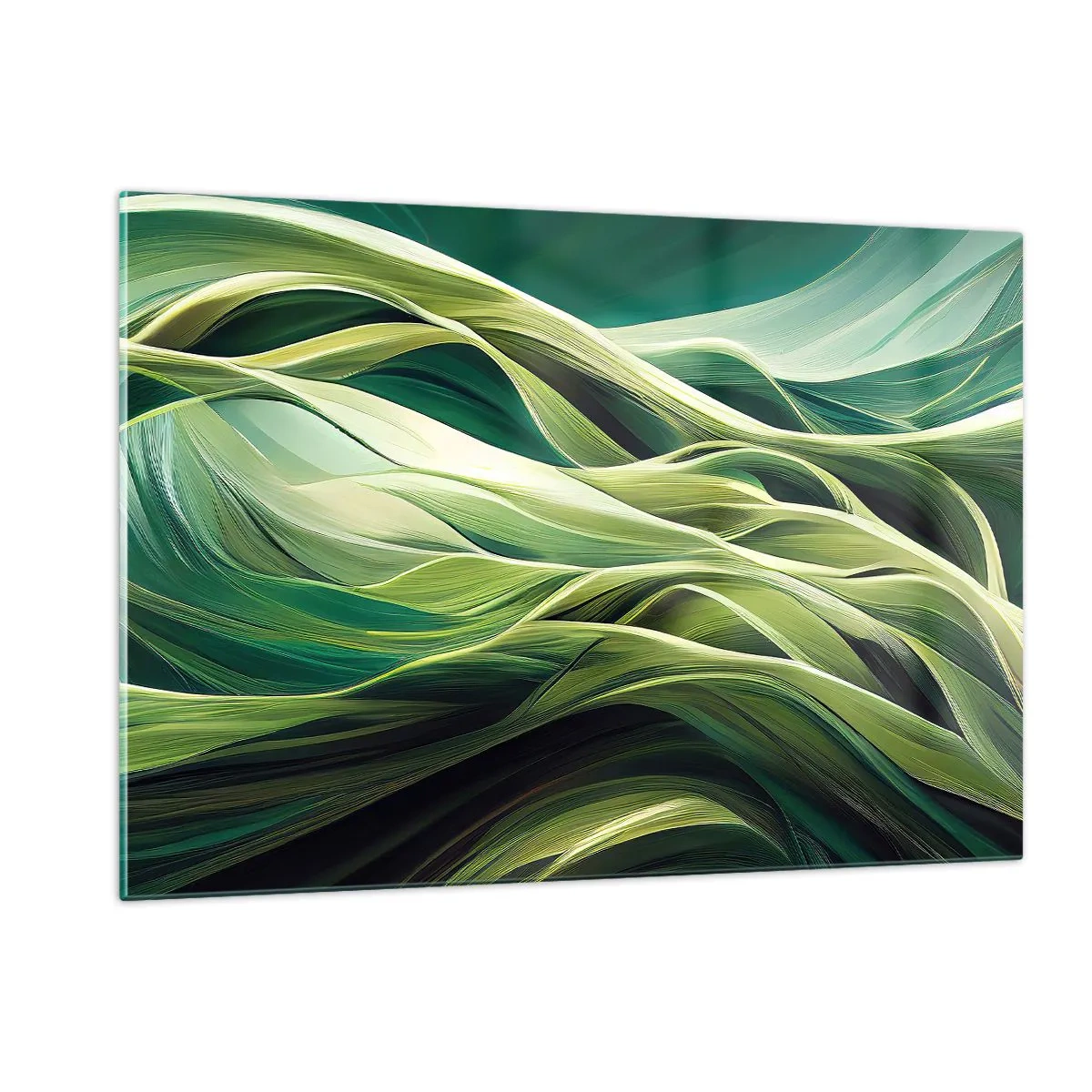 Glasbild - Bild auf glas - Abstrakte grüne Wellen mit organischen Formen - 120x80cm - Abstraktes grünes Spiel - Moderne Wanddekoration für Wohnzimmer und Schlafzimmer ARTTOR
