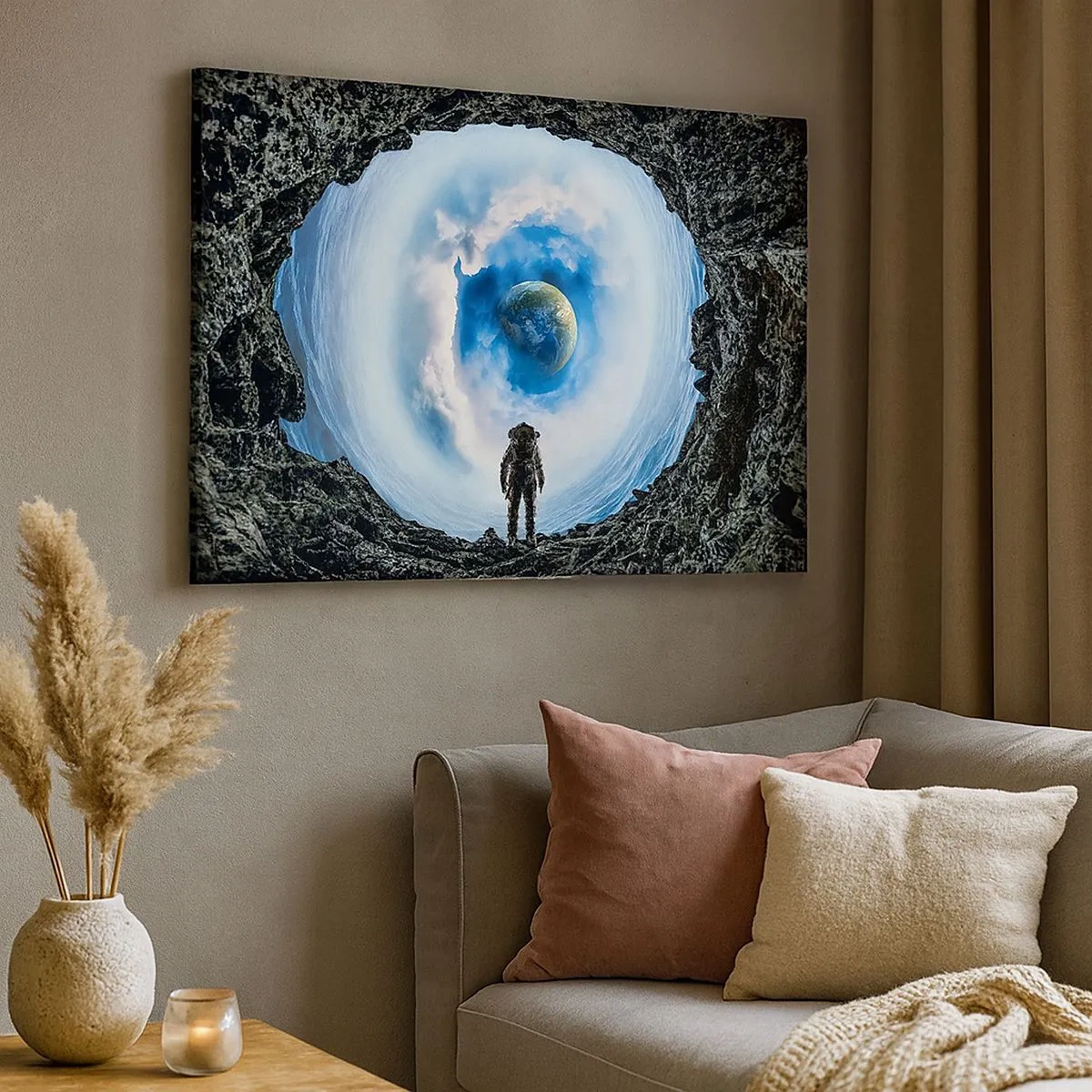 Bild auf Leinwand - Leinwandbild - Astronaut vor einer Weltraumlandschaft mit der Erde im Hintergrund - 70x50cm - Es ist nicht weit von zu Hause - Moderne Wanddekoration für Wohnzimmer und Schlafzimmer ARTTOR