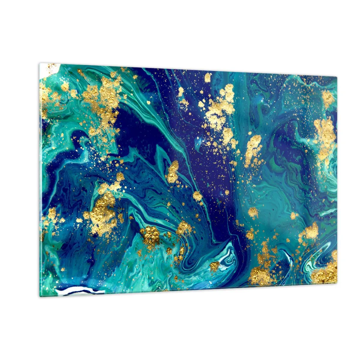 Glasbild - Bild auf glas - Ein abstraktes Muster in Türkis- und Marineblautönen mit goldenen Akzenten - 120x80cm - Die Blütenblätter der Sonne - Moderne Wanddekoration für Wohnzimmer und Schlafzimmer ARTTOR