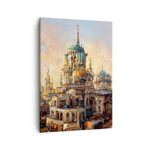 Bild auf Leinwand - Leinwandbild - Architektonische Türme in den Strahlen der untergehenden Sonne - 50x70cm - Stadt der Städte - Moderne Wanddekoration für Wohnzimmer und Schlafzimmer ARTTOR