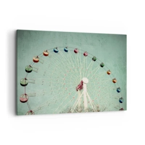 Bild auf Leinwand - Leinwandbild - Ein buntes Riesenrad vor blauem Himmel im Retro-Stil - 100x70cm - Wir laden zum Spiel ein - Moderne Wanddekoration für Wohnzimmer und Schlafzimmer ARTTOR