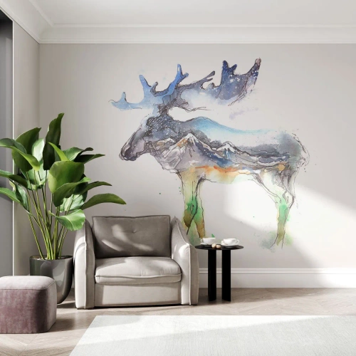 Fototapete Premium Sand - Silhouette eines Elches mit Berglandschaft und Nachthimmel - 100x70cm - Der Held eines Wintermärchens - Moderne Wanddekoration für Wohnzimmer und Schlafzimmer ARTTOR