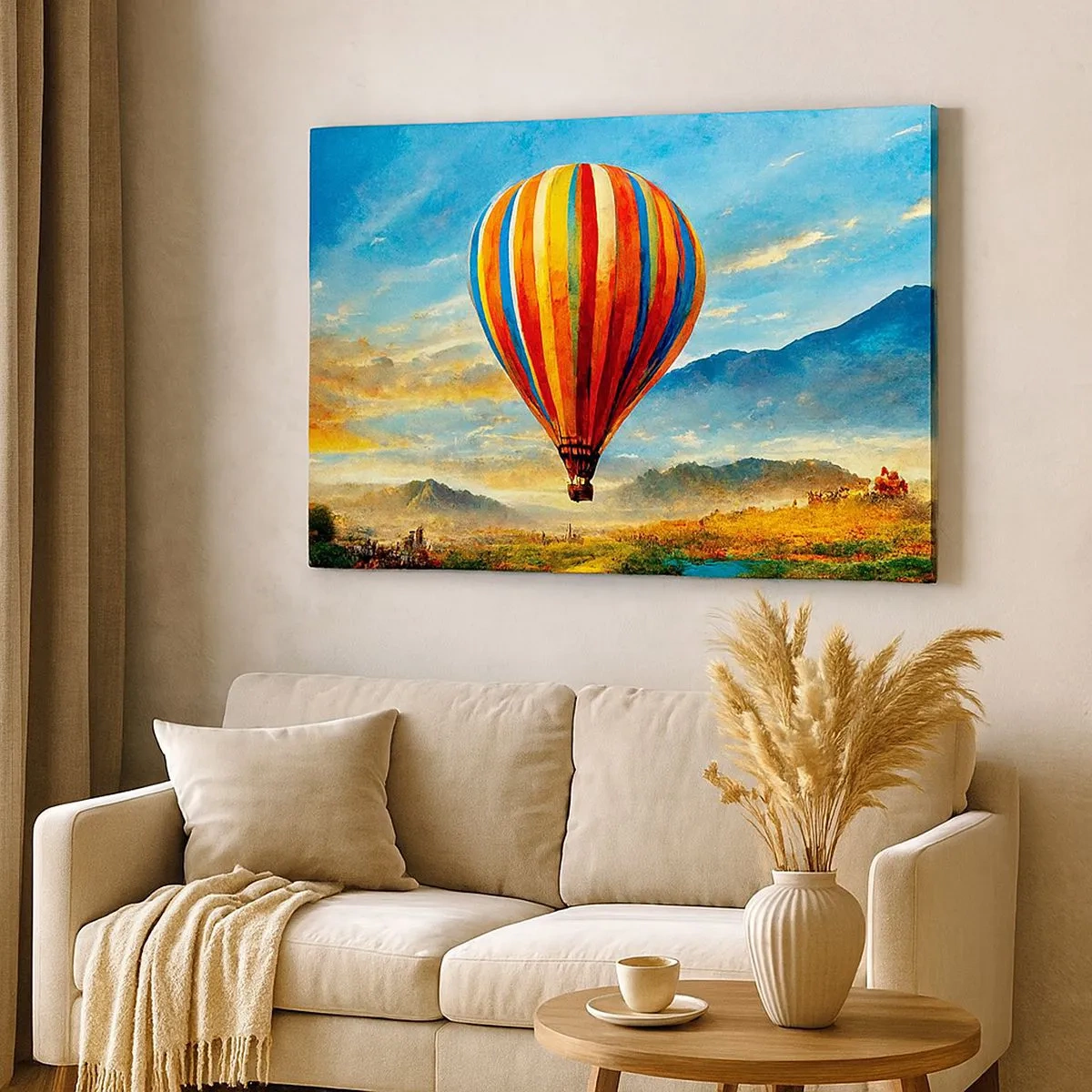 Bild auf Leinwand - Leinwandbild - Ein bunter Ballon über einer malerischen Landschaft - 70x50cm - In der Stille sieht man mehr - Moderne Wanddekoration für Wohnzimmer und Schlafzimmer ARTTOR
