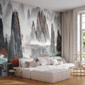 Fototapete Premium Sand - Traditionelle chinesische Berglandschaft im Tuschemalerei-Stil - 100x70cm - Mächtige Wächter - Moderne Wanddekoration für Wohnzimmer und Schlafzimmer ARTTOR