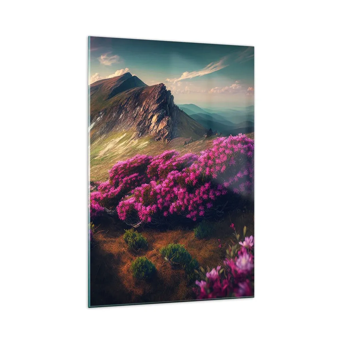 Glasbild - Bild auf glas - Berglandschaft mit blühenden Rhododendren - 70x100cm - Sommer in den Bergen - Moderne Wanddekoration für Wohnzimmer und Schlafzimmer ARTTOR