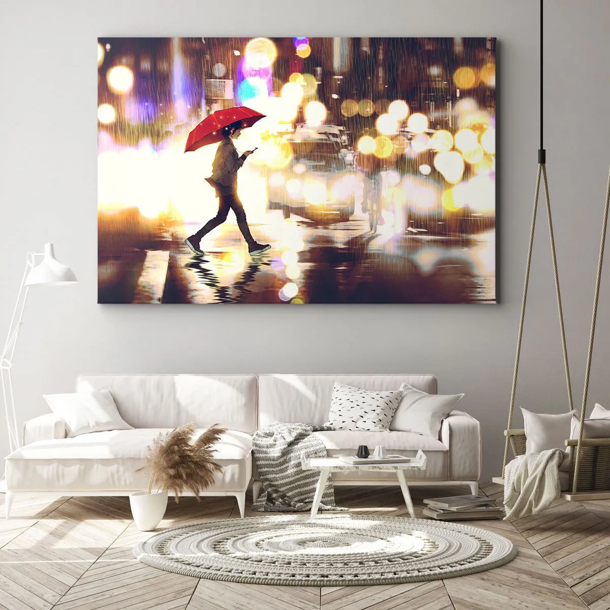 Bild auf Leinwand - Leinwandbild - Eine Figur mit einem roten Regenschirm auf der Straße im Regen - 120x80cm - Und doch sonnig - Moderne Wanddekoration für Wohnzimmer und Schlafzimmer ARTTOR