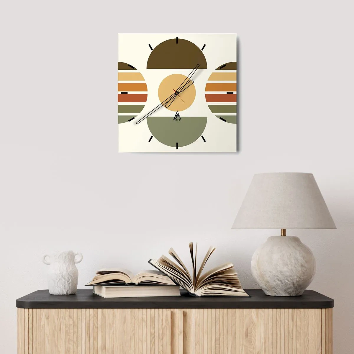 Wanduhr - Glasuhr - Geometrische Komposition mit Halbkreisen und Streifen in Erdtönen - 30x30cm - In Erdtönen - Moderne Wanddekoration für Wohnzimmer und Schlafzimmer ARTTOR