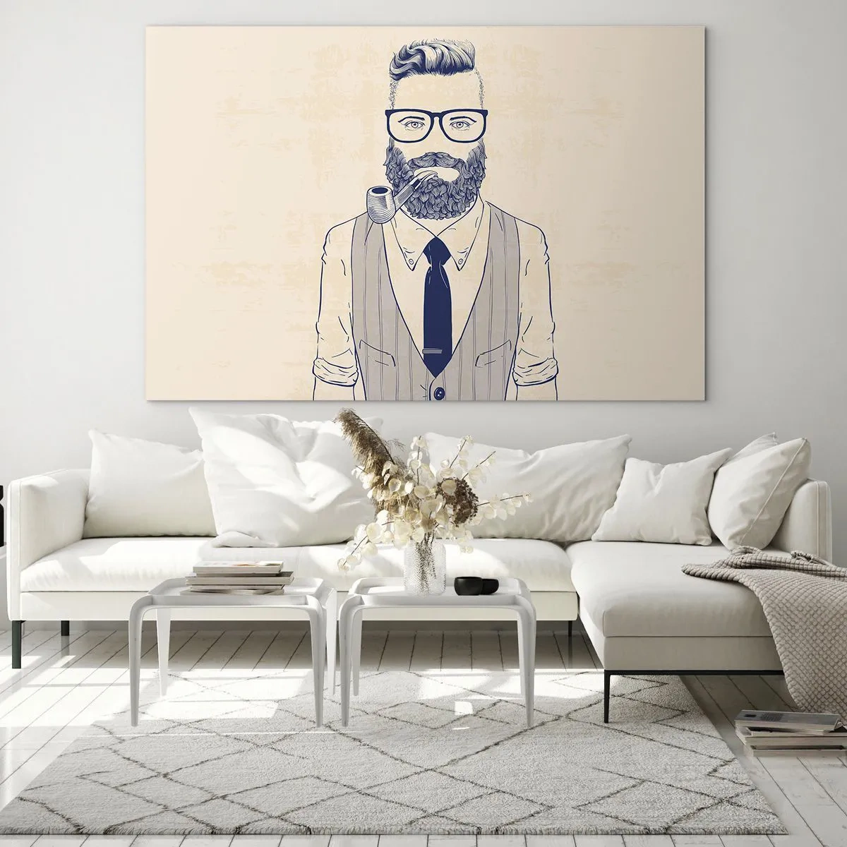 Glasbild - Bild auf glas - Ein stilisierter Mann mit Bart, Brille und Pfeife auf hellem Hintergrund. - 70x50cm - Fröhlich, maskulin und modisch - Moderne Wanddekoration für Wohnzimmer und Schlafzimmer ARTTOR