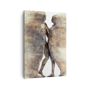 Bild auf Leinwand - Leinwandbild - Ein abstraktes Silhouettenduo in Sandtönen - 70x100cm - Sie erhoben sich aus dem Staub, um zu lieben - Moderne Wanddekoration für Wohnzimmer und Schlafzimmer ARTTOR