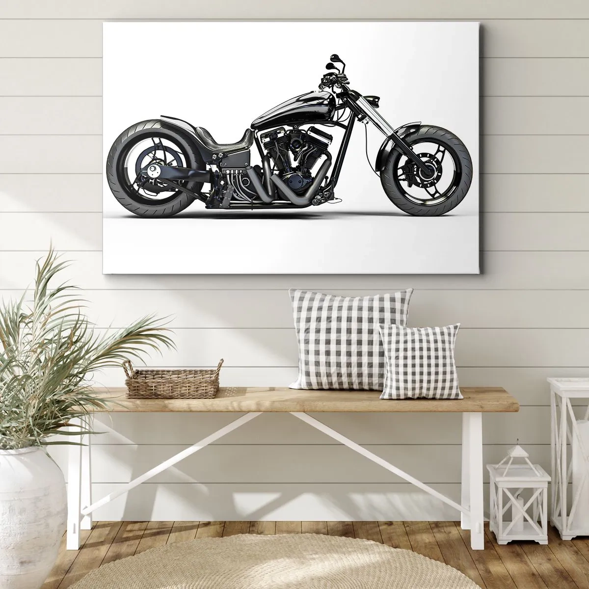 Bild auf Leinwand - Leinwandbild - Stilvolles schwarzes Custom-Motorrad auf weißem Hintergrund - 100x70cm - Für alle, die die Freiheit lieben - Moderne Wanddekoration für Wohnzimmer und Schlafzimmer ARTTOR