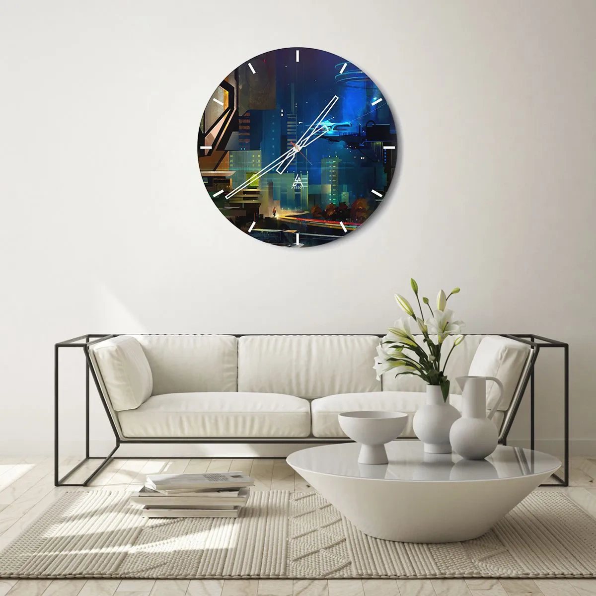 Wanduhr - Glasuhr - Futuristische Stadt bei Nacht mit Neonlichtern und Fahrzeugen - 30x30cm - In naher Zukunft - Moderne Wanddekoration für Wohnzimmer, Küche und Schlafzimmer ARTTOR