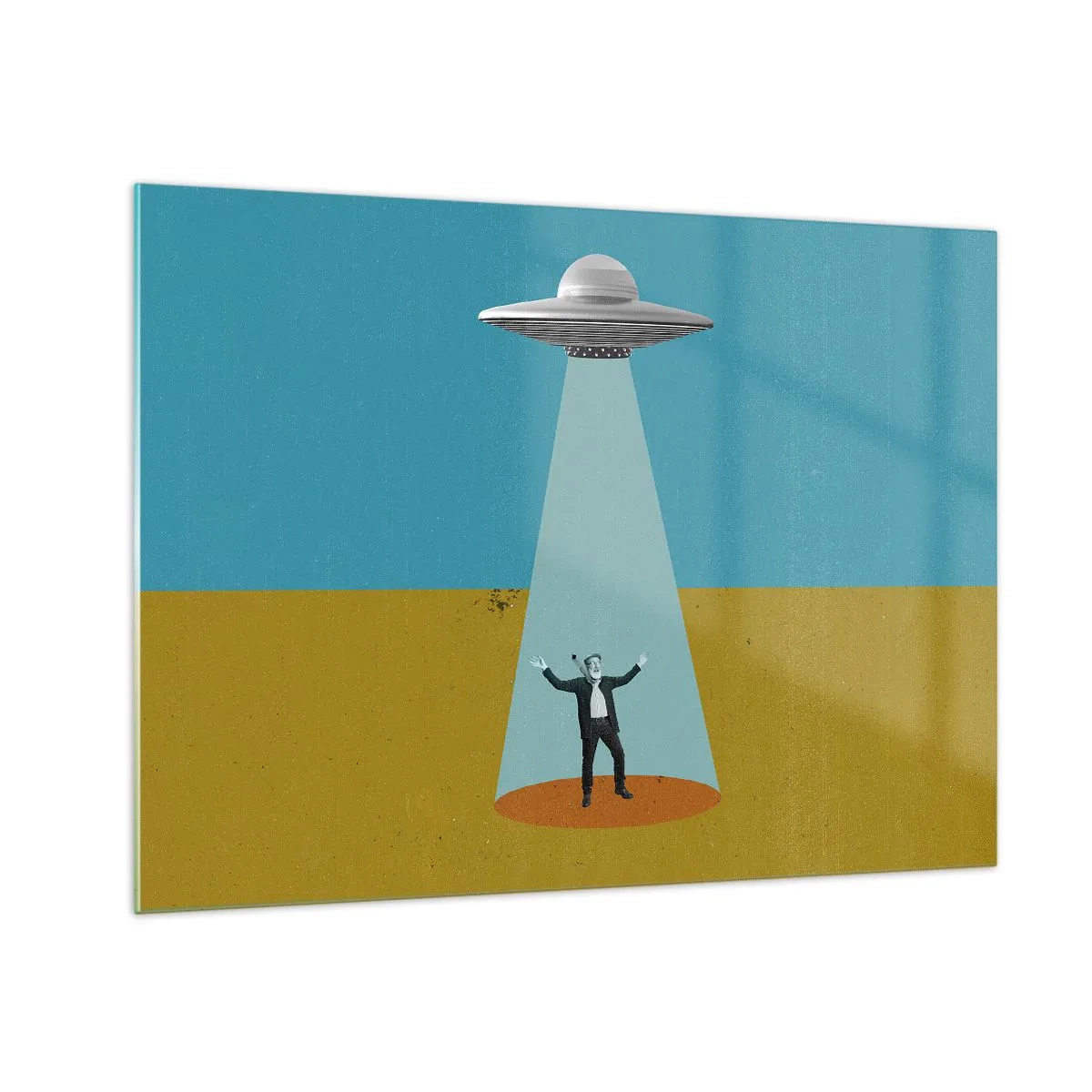 Glasbild - Bild auf glas - Ein Mann im Licht einer Weltraumuntertasse auf buntem Hintergrund - 70x50cm - Nahe Begegnung - Moderne Wanddekoration für Wohnzimmer und Schlafzimmer ARTTOR