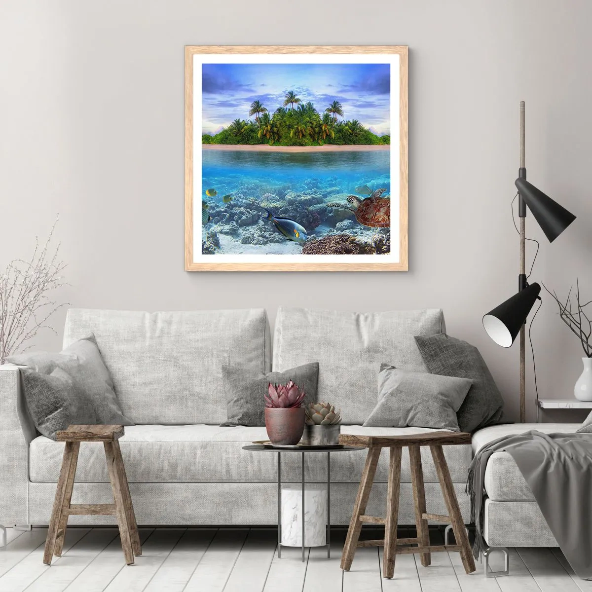 Poster in einem Rahmen aus heller Eiche - Heavenly Island lädt dich ein - 30x30 cm
