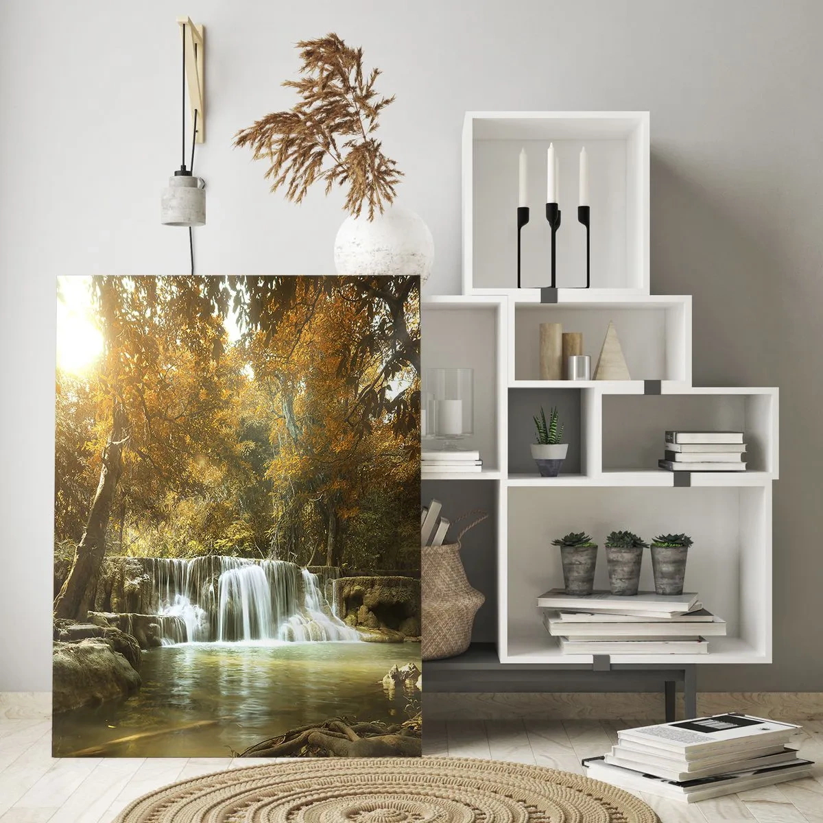 Glasbild - Bild auf glas - Ein Wasserfall in einem Park, umgeben von Bäumen in Herbstfarben - 50x70cm - Parkkaskade - Moderne Wanddekoration für Wohnzimmer und Schlafzimmer ARTTOR