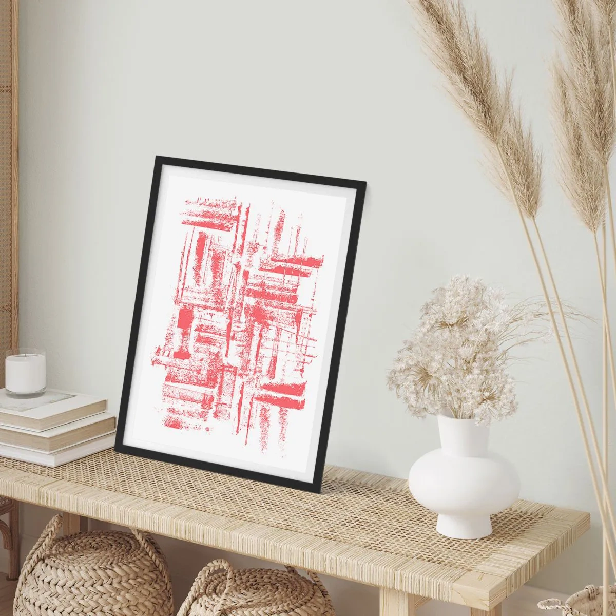 Poster in einem schwarzem Rahmen - Rote geometrische Linien auf weißem Hintergrund - 50x70cm - Die rote Stadt - Moderne Wanddekoration für Wohnzimmer und Schlafzimmer ARTTOR
