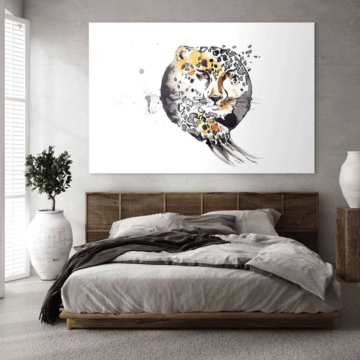 Glasbild - Bild auf glas - Leopard in einer dynamischen, abstrakten Komposition - 100x70cm - Raubtierschönheit - Moderne Wanddekoration für Wohnzimmer und Schlafzimmer ARTTOR