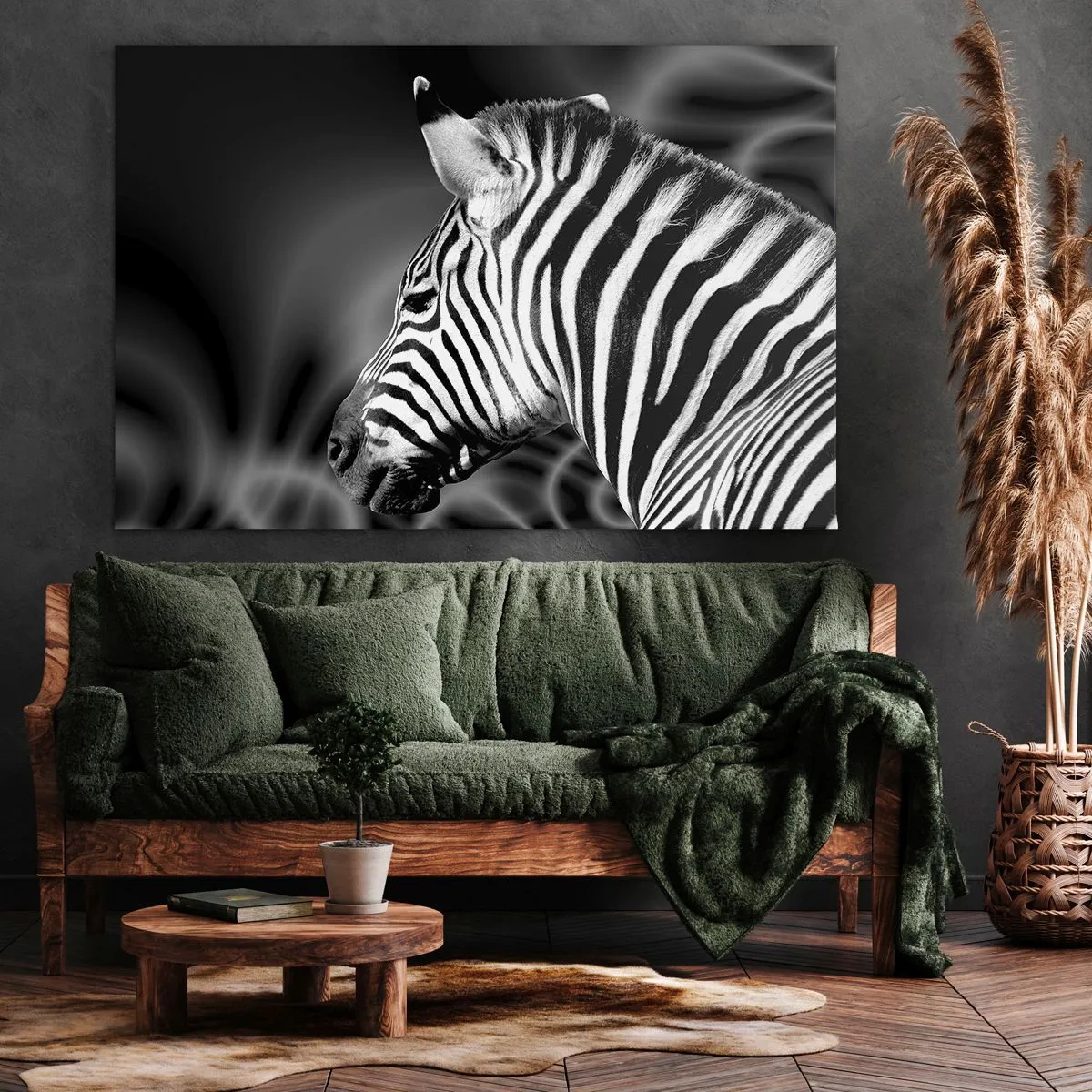 Bild auf Leinwand - Leinwandbild - Schwarz-Weiß-Porträt eines Zebras vor einem Hintergrund abstrakter Muster. - 120x80cm - Weiß ist weiß und schwarz ist schwarz - Moderne Wanddekoration für Wohnzimmer und Schlafzimmer ARTTOR