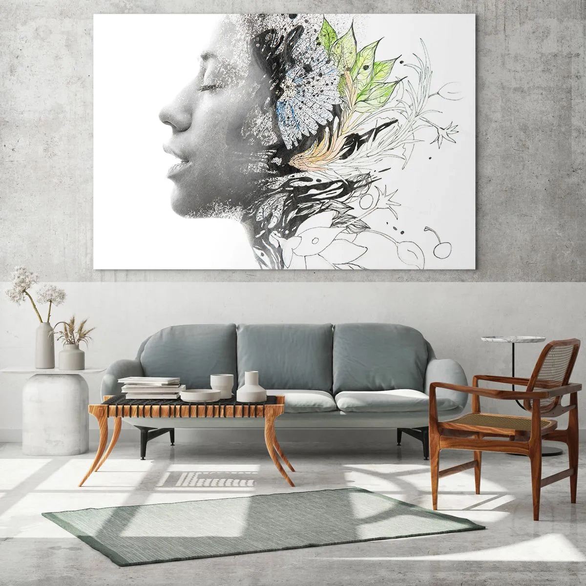 Glasbild - Bild auf glas - Frauenprofil mit Naturmotiven im monochromen Stil - 100x70cm - Eingebettet in der Natur - Moderne Wanddekoration für Wohnzimmer und Schlafzimmer ARTTOR