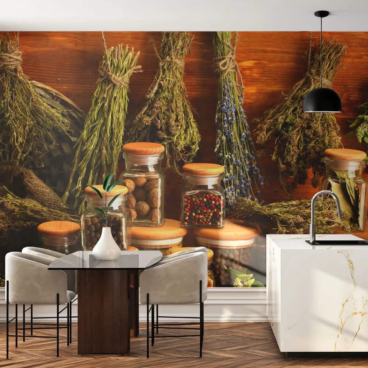 Fototapete Premium Sand - Getrocknete Kräuter und Gewürze in Gläsern auf einem hölzernen Hintergrund - 100x70cm - Küchenzauber - Moderne Wanddekoration für Wohnzimmer und Schlafzimmer ARTTOR