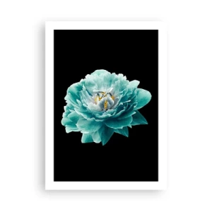 Poster - Türkisfarbene Blume mit einer Biene auf schwarzem Hintergrund - 50x70cm - Blaue und goldene Blütenblätter - Moderne Wanddekoration für Wohnzimmer und Schlafzimmer ARTTOR