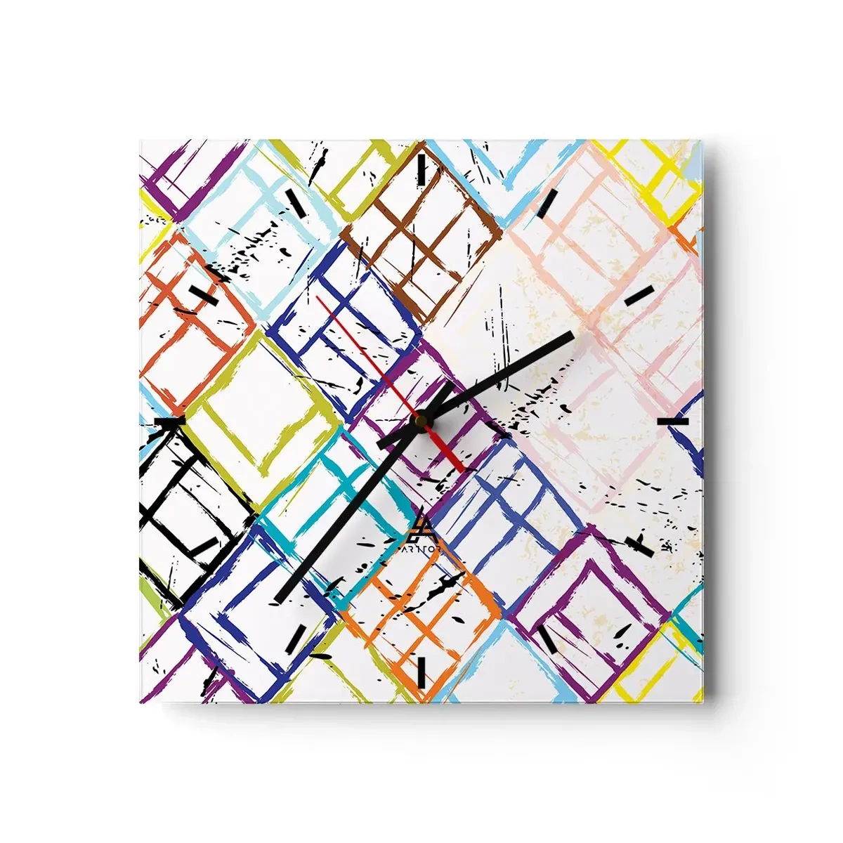 Wanduhr - Glasuhr - Bunte Abstraktion mit geometrischen Formen auf weißem Hintergrund - 30x30cm - Zellen zu vermieten - Moderne Wanddekoration für Wohnzimmer und Schlafzimmer ARTTOR