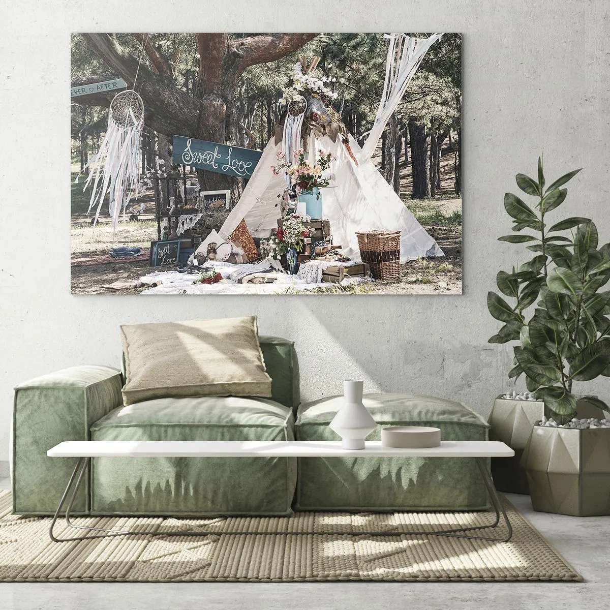 Glasbild - Bild auf glas - Boho Outdoor-Dekoration mit Tipi und Blumen im Wald - 100x70cm - Liebe machen ... - Moderne Wanddekoration für Wohnzimmer und Schlafzimmer ARTTOR