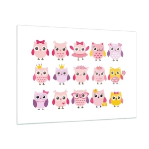 Glasbild - Bild auf glas - Bunte Eulen in verschiedenen Mustern auf weißem Hintergrund - 100x70cm - Einer ist süßer als der andere - Moderne Wanddekoration für Wohnzimmer und Schlafzimmer ARTTOR