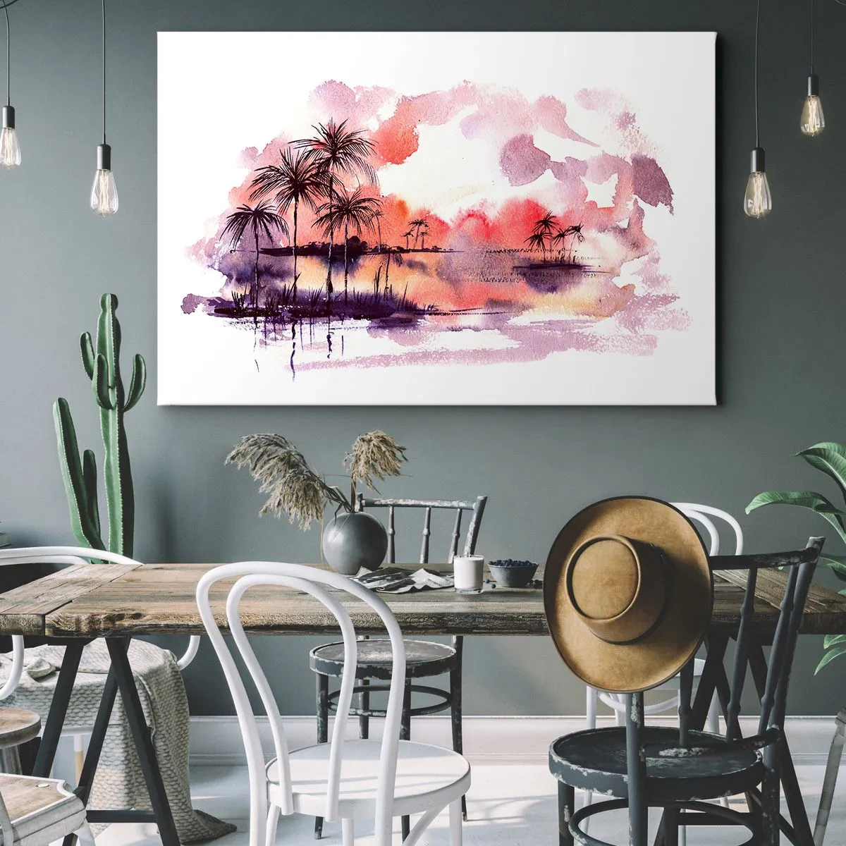 Bild auf Leinwand - Leinwandbild - Tropische Landschaft mit Palmen bei Sonnenuntergang in Aquarell - 70x50cm - Die Ruhe der Tropen in Rot - Moderne Wanddekoration für Wohnzimmer und Schlafzimmer ARTTOR