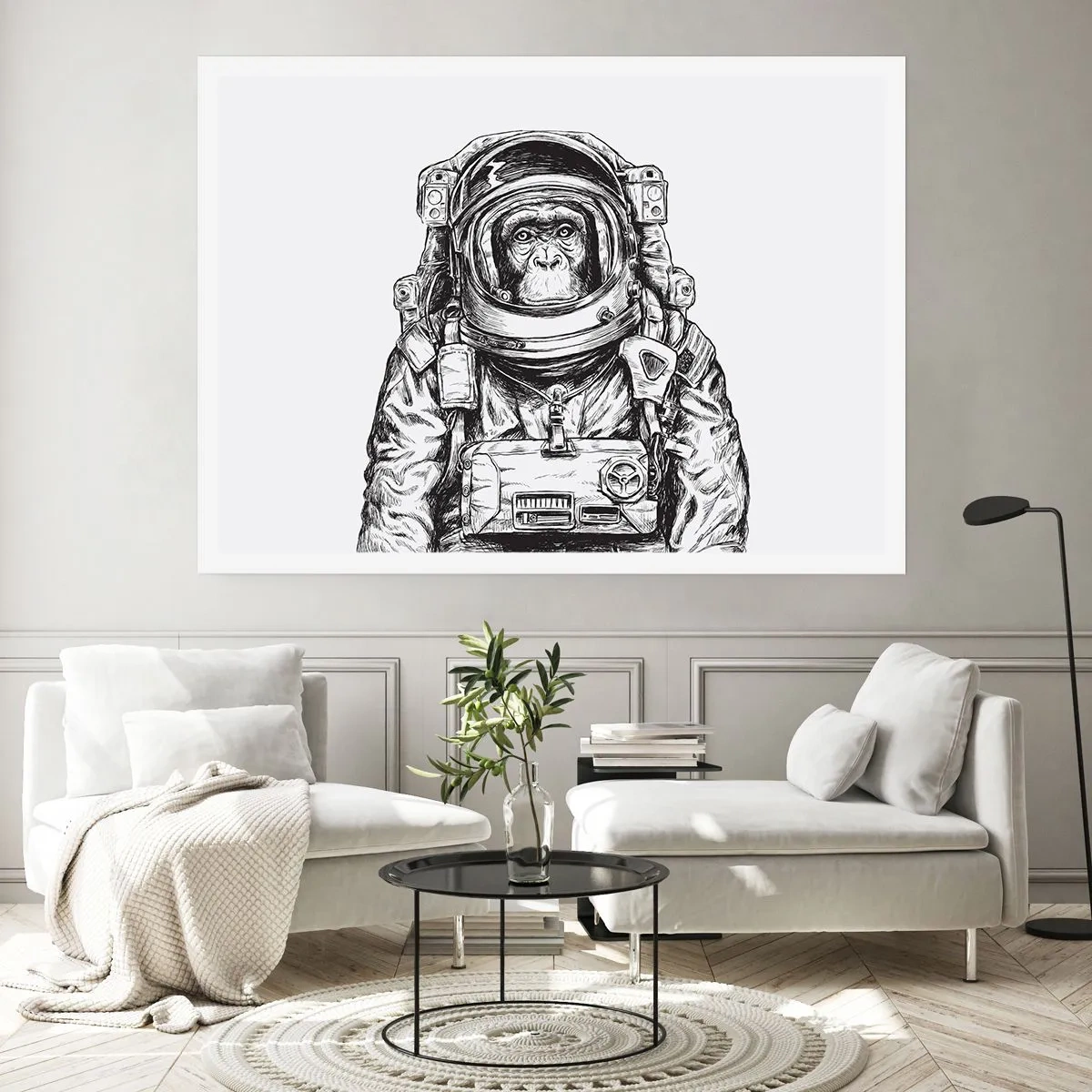 Poster - Grafik eines Astronauten im Raumanzug mit Affenkopf - 100x70cm - Alternative Evolution - Moderne Wanddekoration für Wohnzimmer und Schlafzimmer ARTTOR