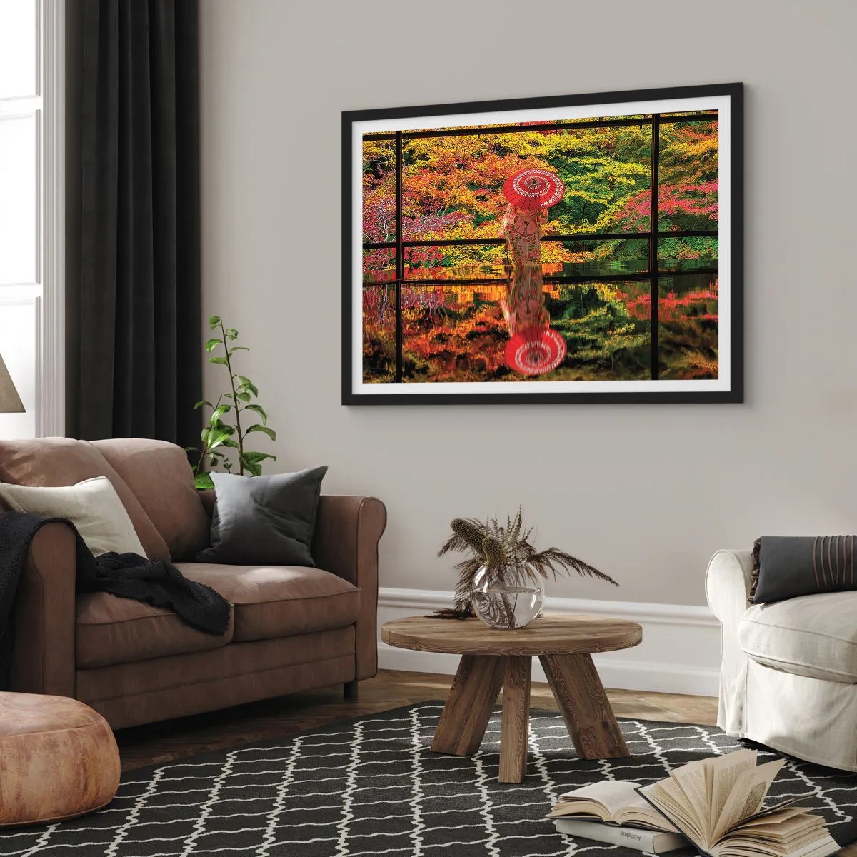 Poster in einem schwarzem Rahmen - Eine Frau im Kimono mit Regenschirm vor dem Hintergrund einer Herbstlandschaft. - 70x50cm - Im Tempel der Natur - Moderne Wanddekoration für Wohnzimmer und Schlafzimmer ARTTOR