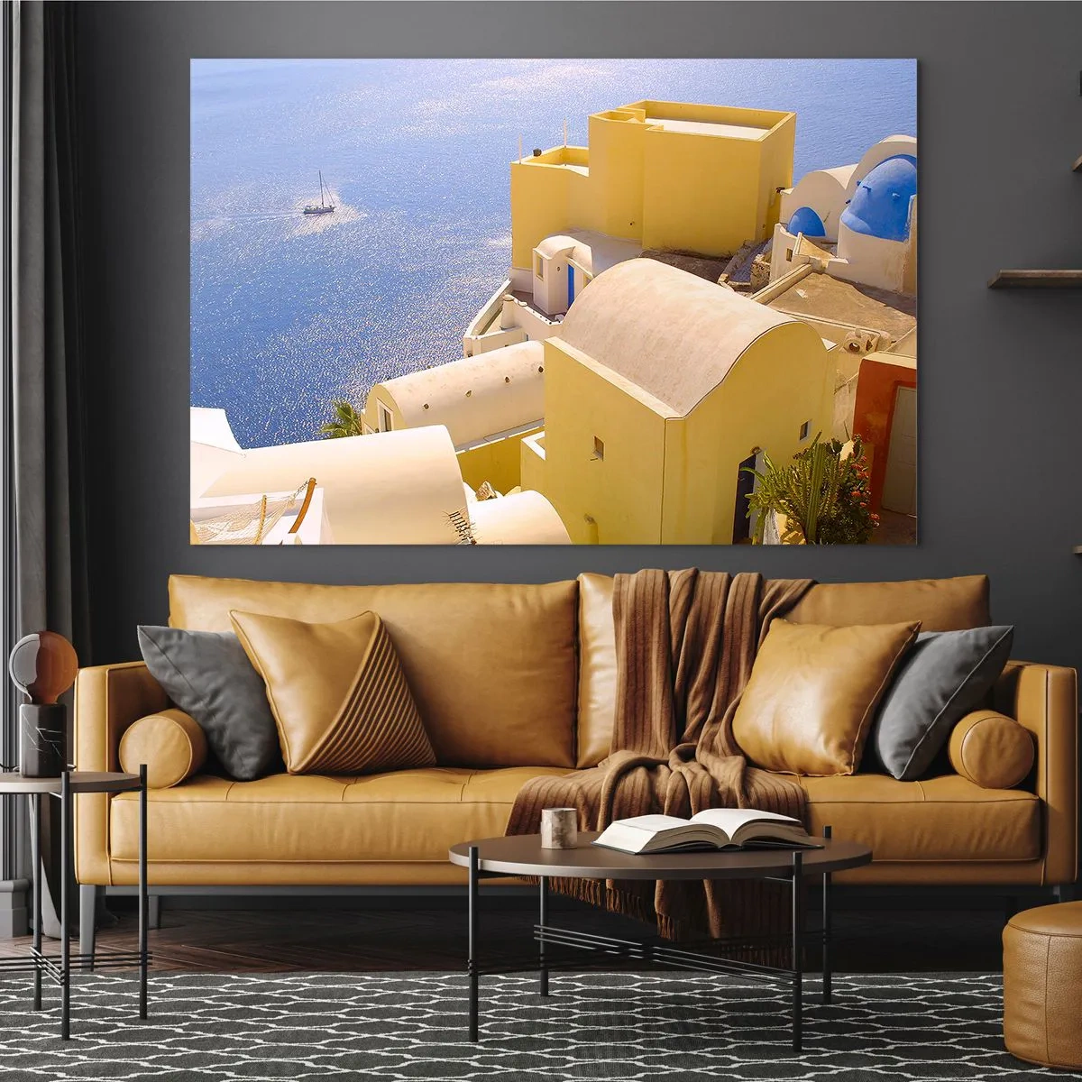Glasbild - Bild auf glas - Blick auf Santorin mit blauem Meer und weißen Gebäuden - 120x80cm - Griechische Landschaft in Weiß und Blau - Moderne Wanddekoration für Wohnzimmer und Schlafzimmer ARTTOR