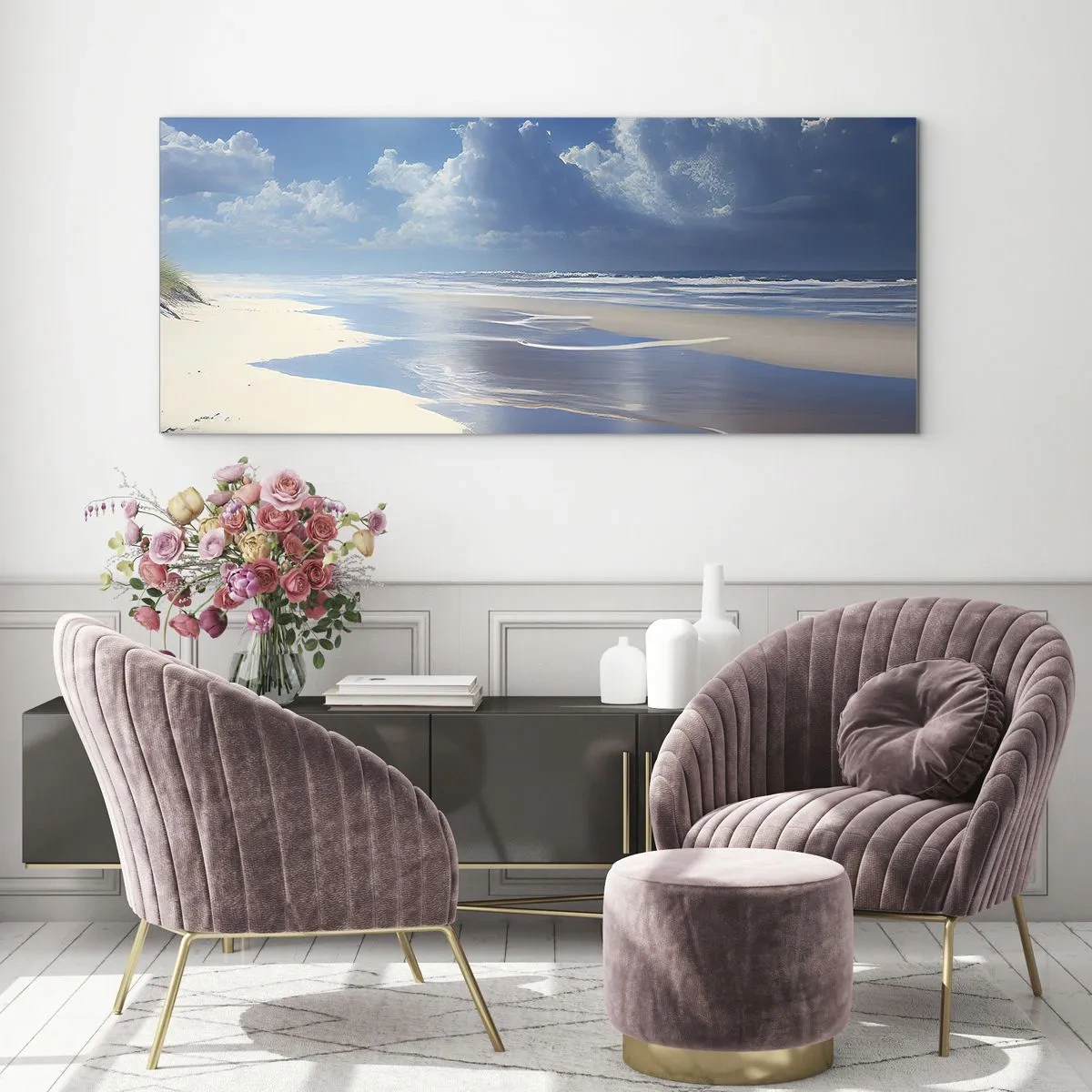 Glasbild - Bild auf glas - Ein Sandstrand mit Wellen unter blauem Himmel - 120x50cm - Paradiesischer Urlaub - Moderne Wanddekoration für Wohnzimmer und Schlafzimmer ARTTOR