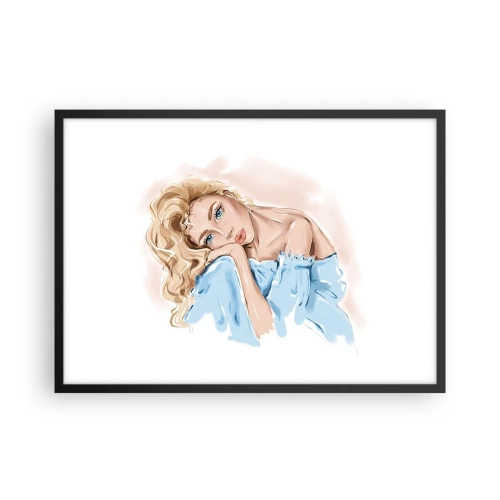 Poster in einem schwarzem Rahmen - Porträt einer Frau in einem blauen Kleid mit blonden Haaren - 70x50cm - Verträumt im Blau - Moderne Wanddekoration für Wohnzimmer und Schlafzimmer ARTTOR