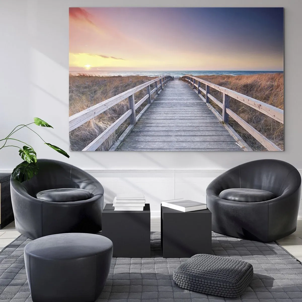 Glasbild - Bild auf glas - Holzsteg zum Strand bei Sonnenuntergang - 120x80cm - Baltische Abend-Aurora - Moderne Wanddekoration für Wohnzimmer und Schlafzimmer ARTTOR