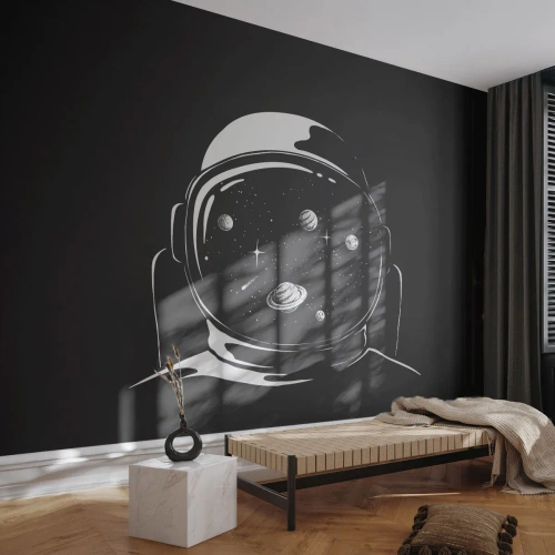 Fototapete Premium Sand - Kosmonaut mit Planeten in seinem Helm auf schwarzem Hintergrund - 100x70cm - Schöne Aussicht - Moderne Wanddekoration für Wohnzimmer und Schlafzimmer ARTTOR