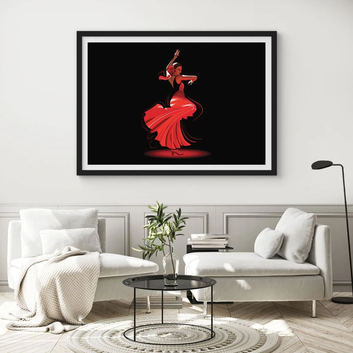 Poster in einem schwarzem Rahmen - Flamenco-Tänzerin in einem roten Kleid vor schwarzem Hintergrund - 70x50cm - Der feurige Geist des Flamenco - Moderne Wanddekoration für Wohnzimmer und Schlafzimmer ARTTOR