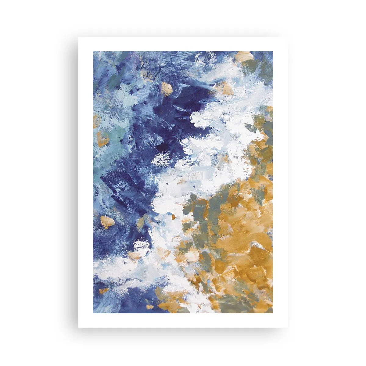Poster - Eine abstrakte Komposition in Blau-, Weiß- und Goldtönen. - 50x70cm - Tanz der Naturelemente - Moderne Wanddekoration für Wohnzimmer und Schlafzimmer ARTTOR