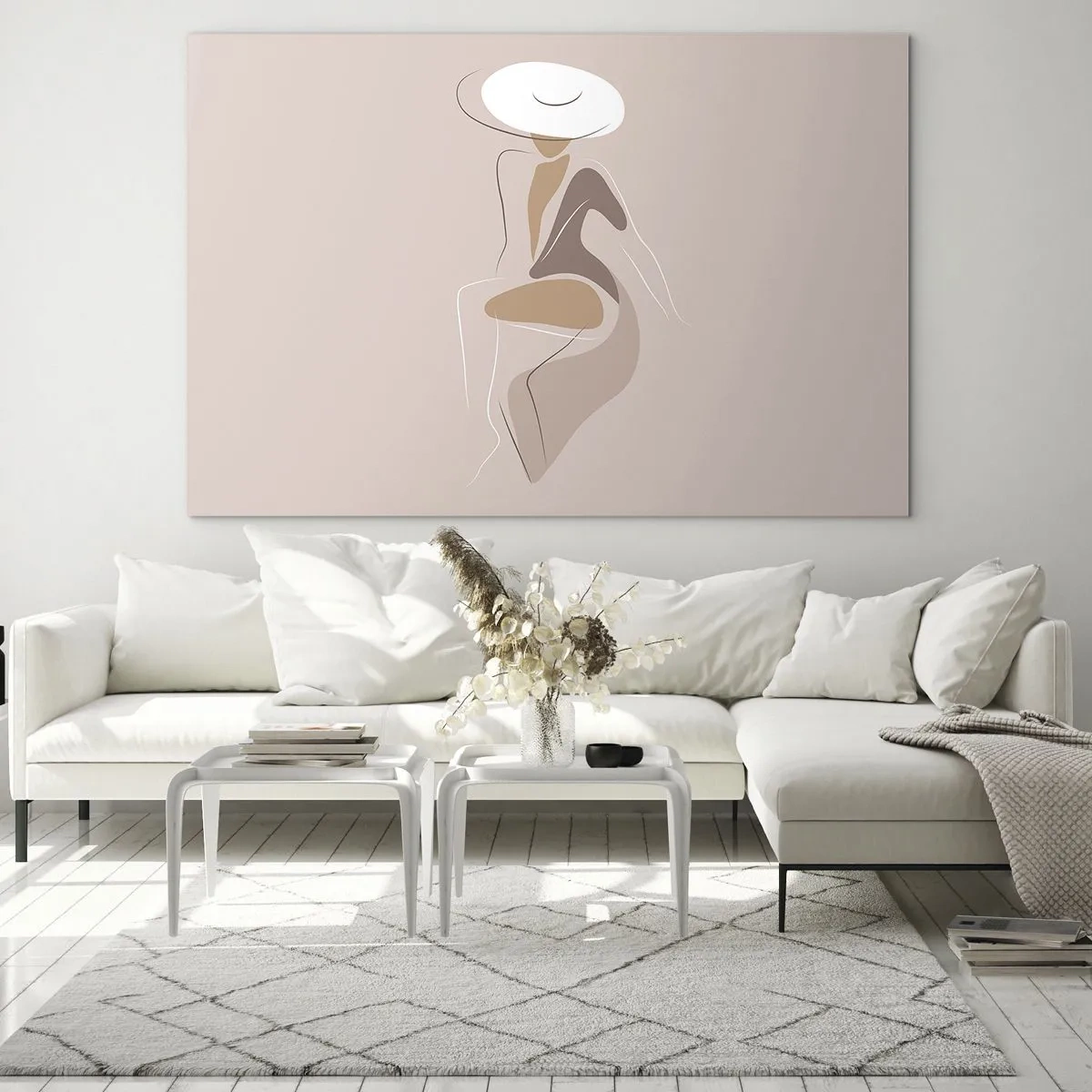 Glasbild - Bild auf glas - Silhouette einer Frau mit Hut auf beigem Hintergrund - 70x50cm - Eine Dame sein - Moderne Wanddekoration für Wohnzimmer und Schlafzimmer ARTTOR