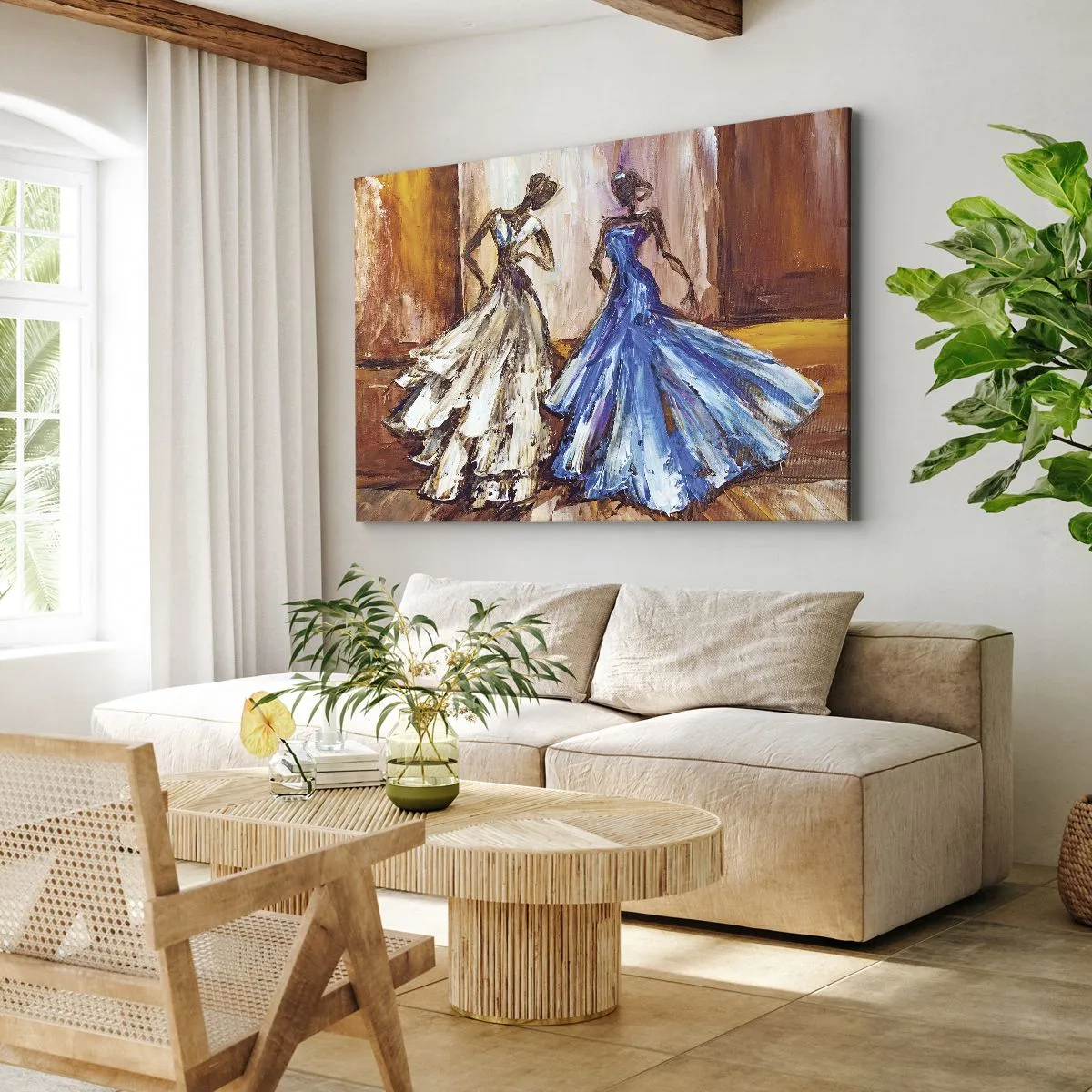 Bild auf Leinwand - Leinwandbild - Figuren in Abendkleidern im künstlerischen Stil - 70x50cm - Ein dankbares Duo - Moderne Wanddekoration für Wohnzimmer und Schlafzimmer ARTTOR