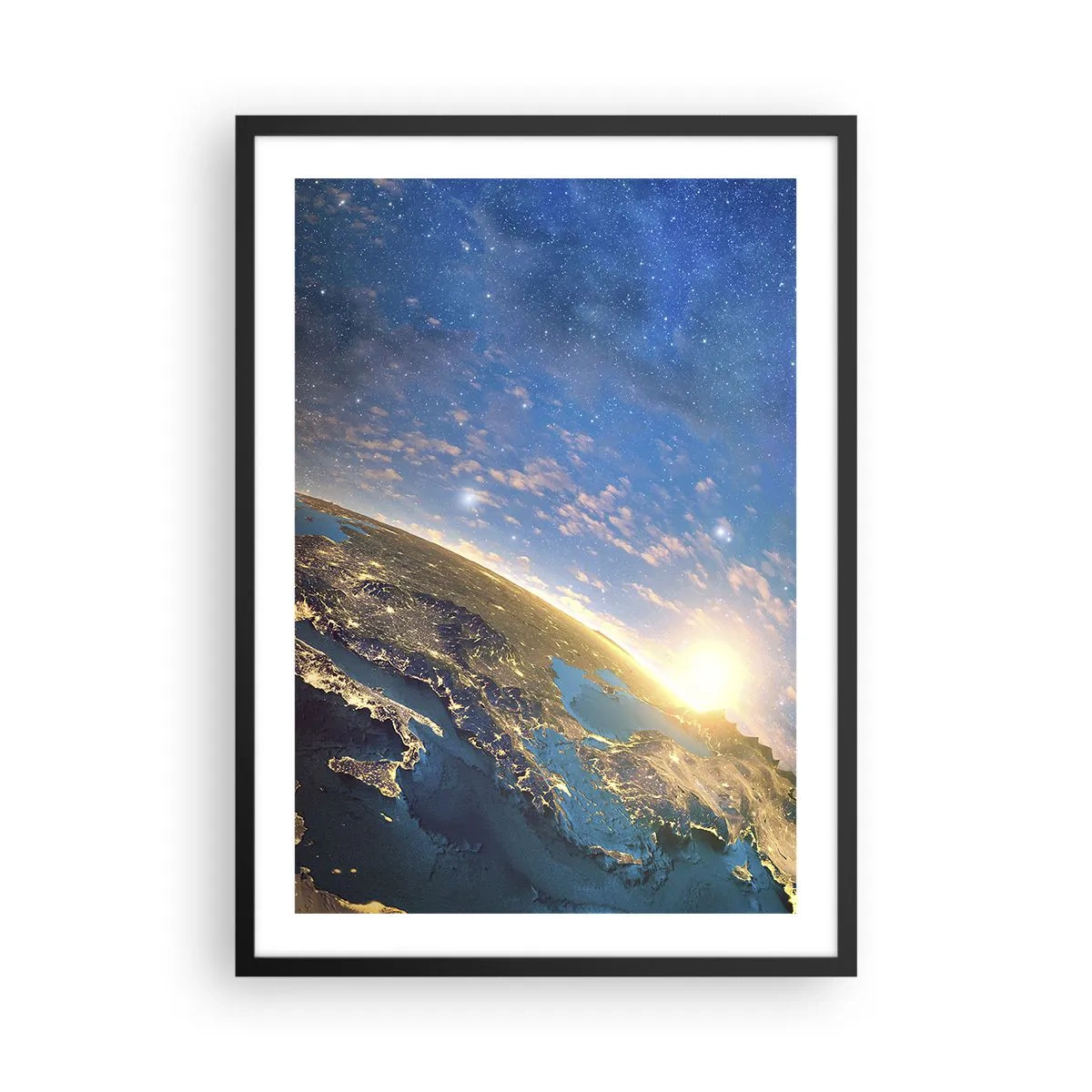 Poster in einem schwarzem Rahmen - Die Erde bei Sonnenaufgang aus dem Weltraum gesehen - 50x70cm - Schauen wir uns aus der Ferne an - Moderne Wanddekoration für Wohnzimmer und Schlafzimmer ARTTOR