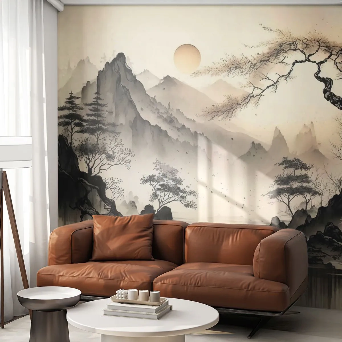 Fototapete Premium Sand - Orientalische Landschaft mit Bergen, Wasser und einem Tempel - 100x70cm - Einzigartiger Charme des Orients - Moderne Wanddekoration für Wohnzimmer und Schlafzimmer ARTTOR