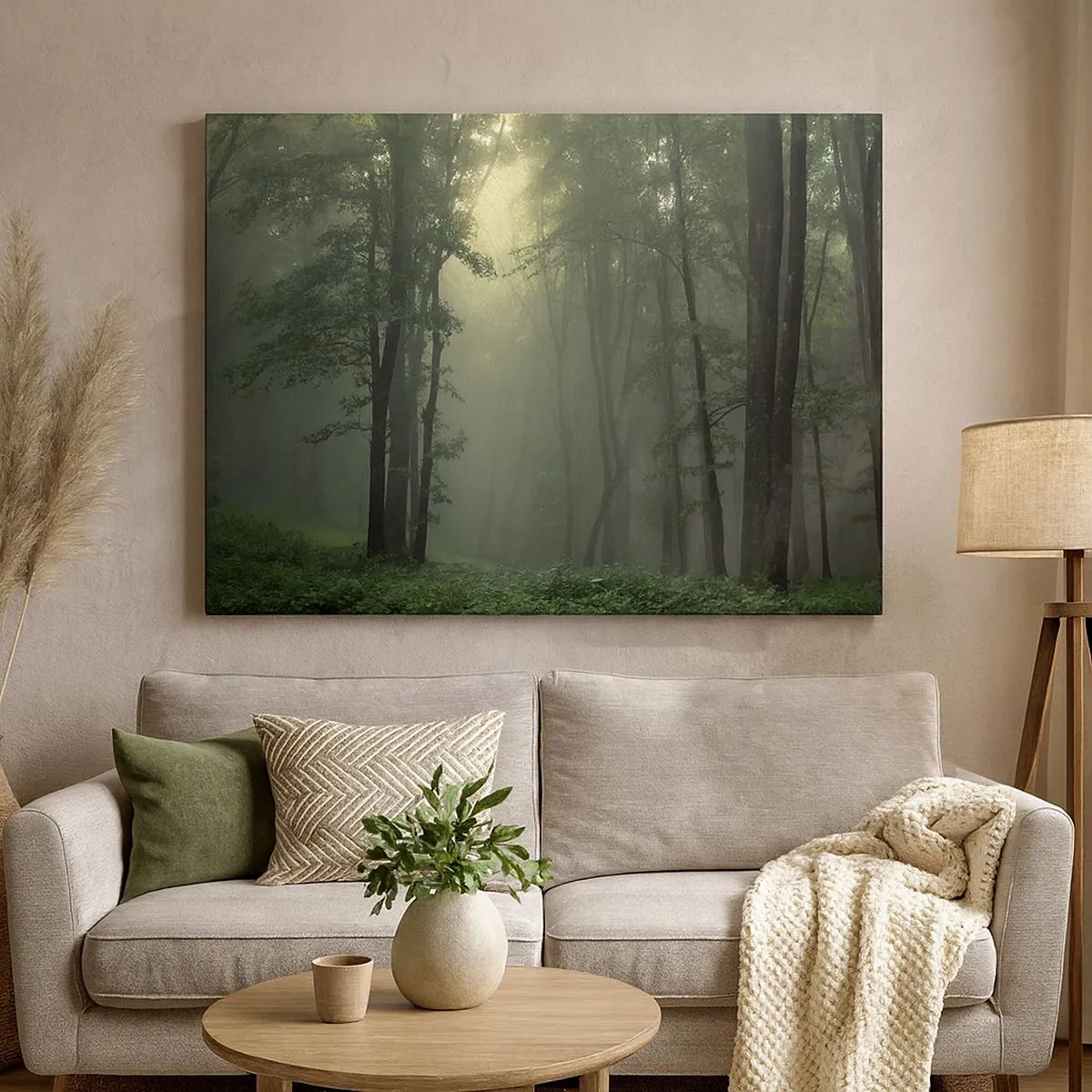 Bild auf Leinwand - Leinwandbild - Ein grüner Wald am Morgen, eingehüllt in einen zarten Nebel - 70x50cm - Bevor er aufwacht - Moderne Wanddekoration für Wohnzimmer und Schlafzimmer ARTTOR