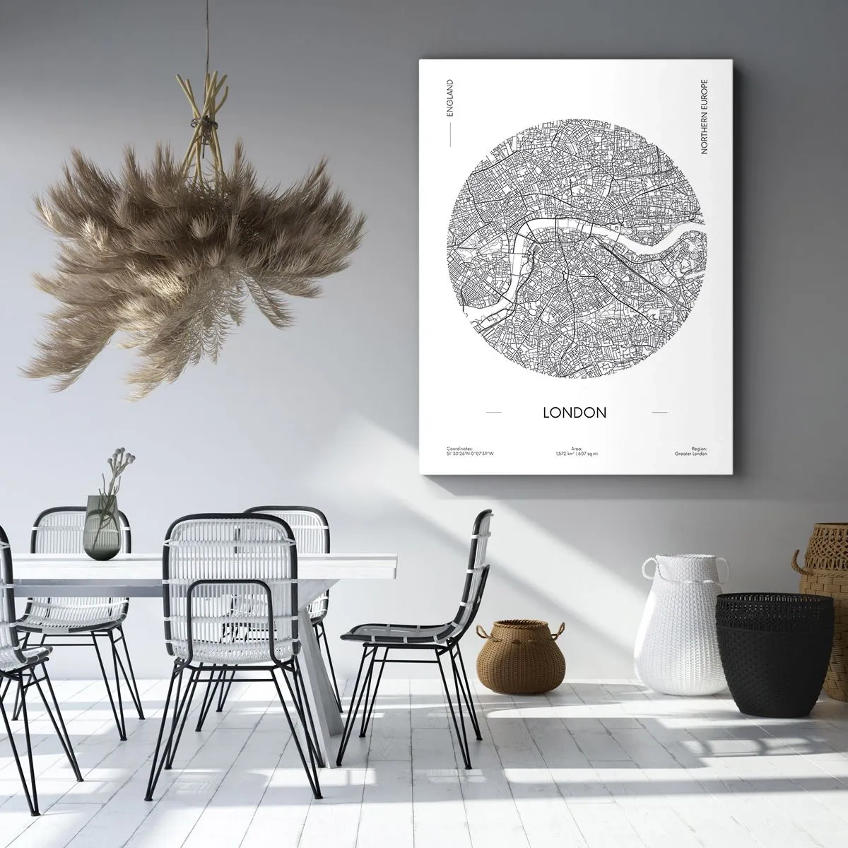 Bild auf Leinwand - Leinwandbild - Eine minimalistische Karte von London in Schwarzweiß mit präzisen Details. - 50x70cm - Anatomie von London - Moderne Wanddekoration für Wohnzimmer und Schlafzimmer ARTTOR