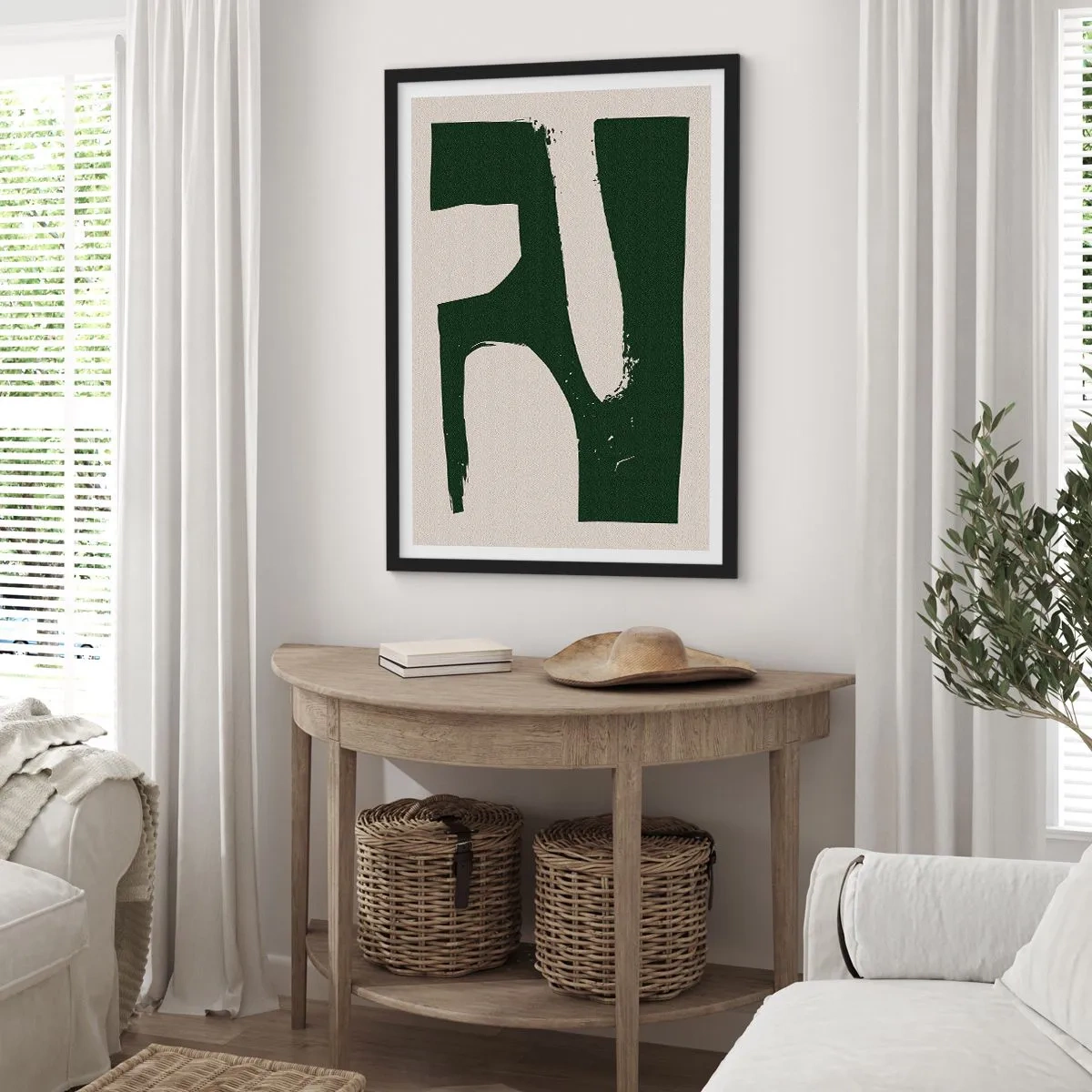 Poster in einem schwarzem Rahmen - Minimalistische Abstraktion in Grün und Beige - 50x70cm - Weiße Buchten - Moderne Wanddekoration für Wohnzimmer und Schlafzimmer ARTTOR