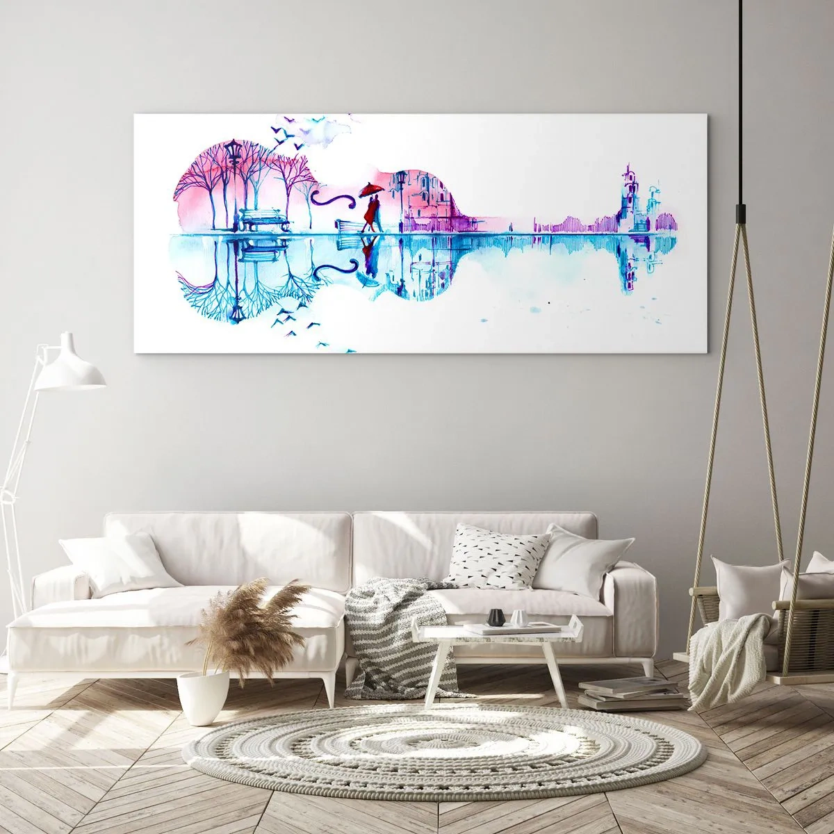 Glasbild - Bild auf glas - Stadtsilhouette in Form einer Violine in Aquarellfarben - 120x50cm - Ich bringe dir ein paar Regenbögen - Moderne Wanddekoration für Wohnzimmer und Schlafzimmer ARTTOR