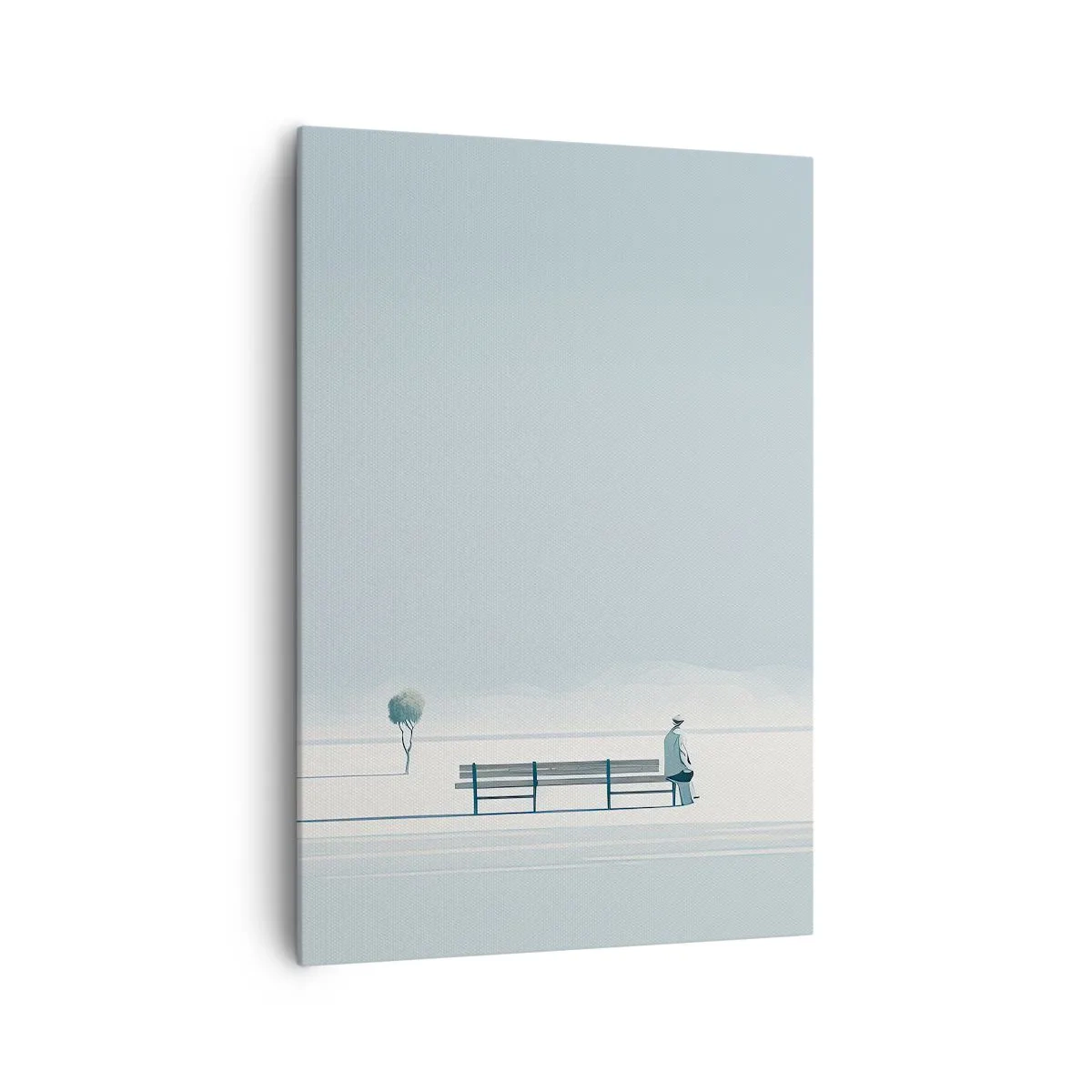 Bild auf Leinwand - Leinwandbild - Eine Person, die auf einer Bank in einer minimalistischen Landschaft sitzt - 70x100cm - Ja, ich warte. - Moderne Wanddekoration für Wohnzimmer und Schlafzimmer ARTTOR