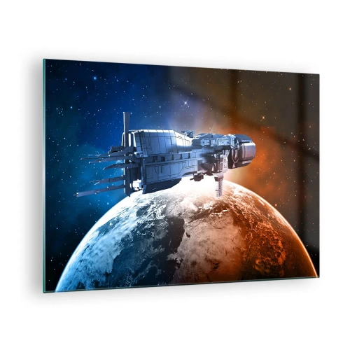 Glasbild - Bild auf glas - Ein Raumschiff, das im Sternenlicht einen Planeten umkreist - 70x50cm - Ein aufmerksamer Beobachter - Moderne Wanddekoration für Wohnzimmer und Schlafzimmer ARTTOR
